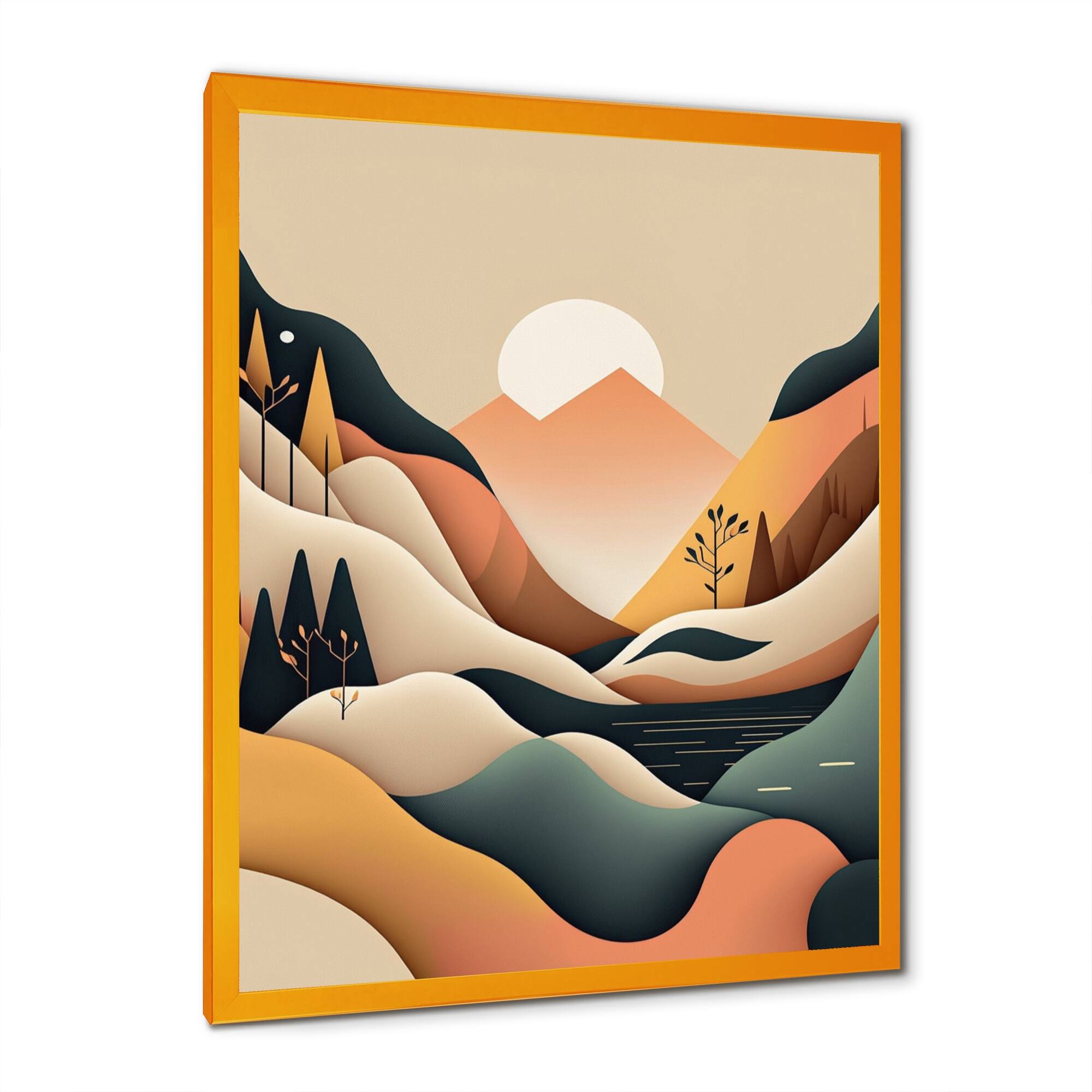 Designart "White Moon In Graphic Mountains " Landscape Mountains Framed